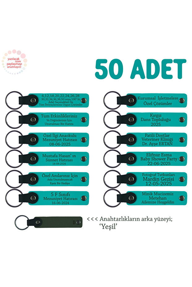 Name Writable Memory & Souvenir Keychains for Circumcision Ceremony Set of 50, Dark Turquoise & Green