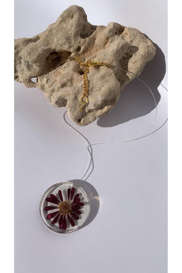 Transparent Colored Dried Purple Daisy Circle Shaped Dolphin Gold Accessory Misina Epoxy Necklace