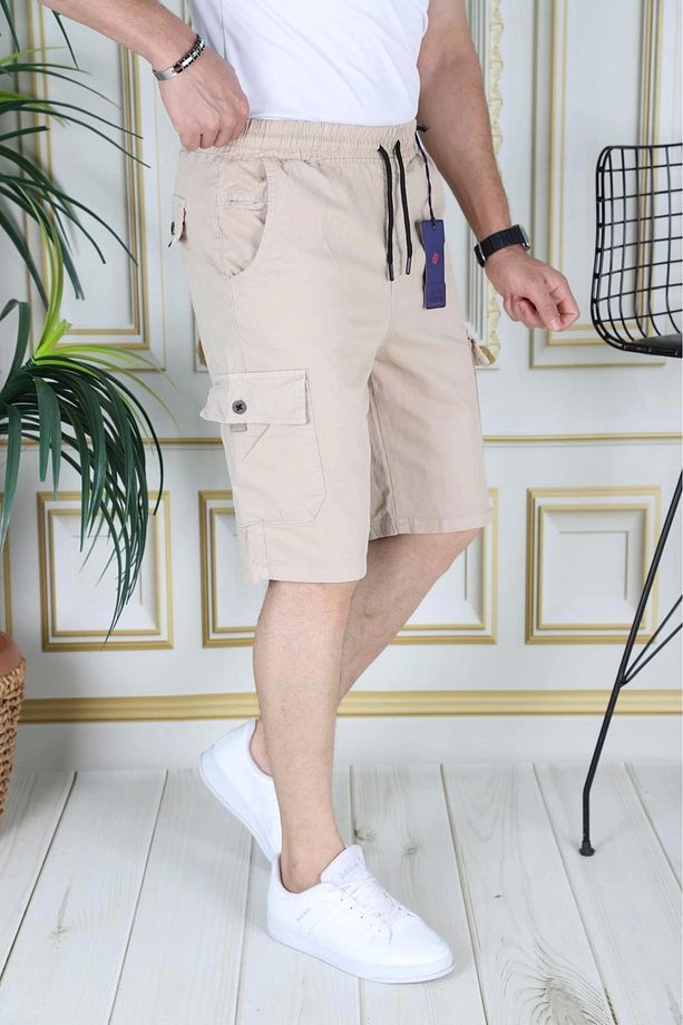 Erkek Krem Likralı Gabardin Şort Kargo Cepli Pamuklu Beli Lastikli Bağcıklı Basic Şort - 4