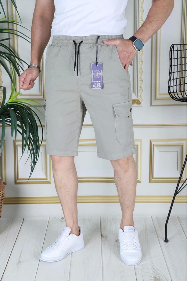 Erkek Su Yeşili Likralı Gabardin Şort Kargo Cepli Pamuklu Beli Lastikli Bağcıklı Basic Şort - 6