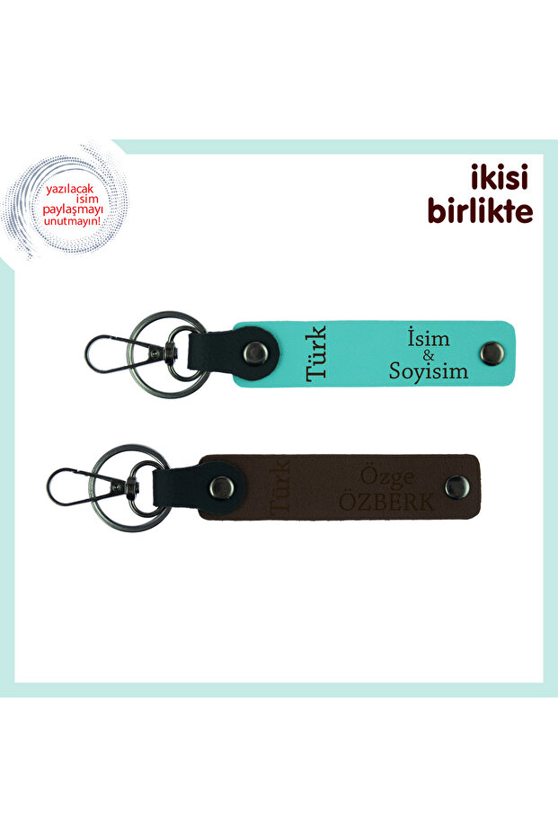 Turkish Text Themed Leather Keychain, Turquoise-Brown, Meaningful Set to Share with What You Love