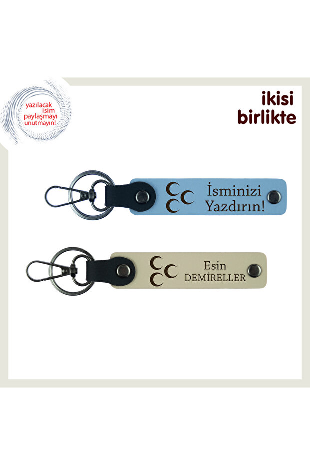 Stylish Three Crescent Gifts for Lovers, Personal Name Written Keychain Set, Sky Blue-S Brown
