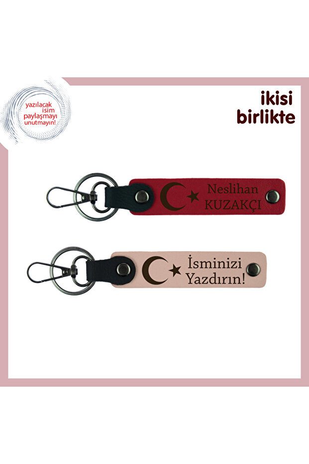 Personal Gift, Red-Kitten Mouth, Name and Surname Can Be Written Moon Star Motif Leather Keychain