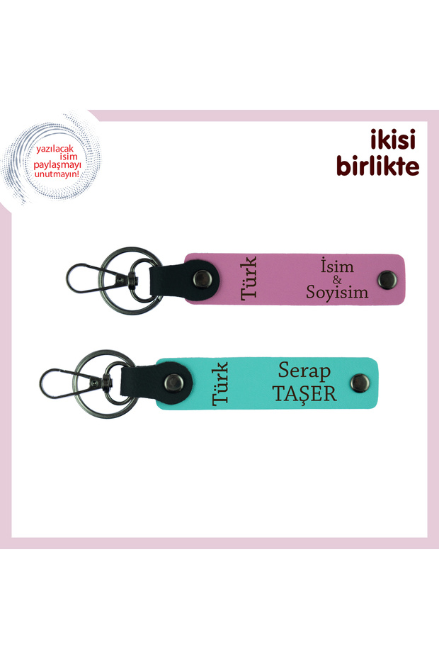 Set of 2, Pink-Turquoise, Heart to Heart Gift – Turkish Written Leather Keychain for Lover