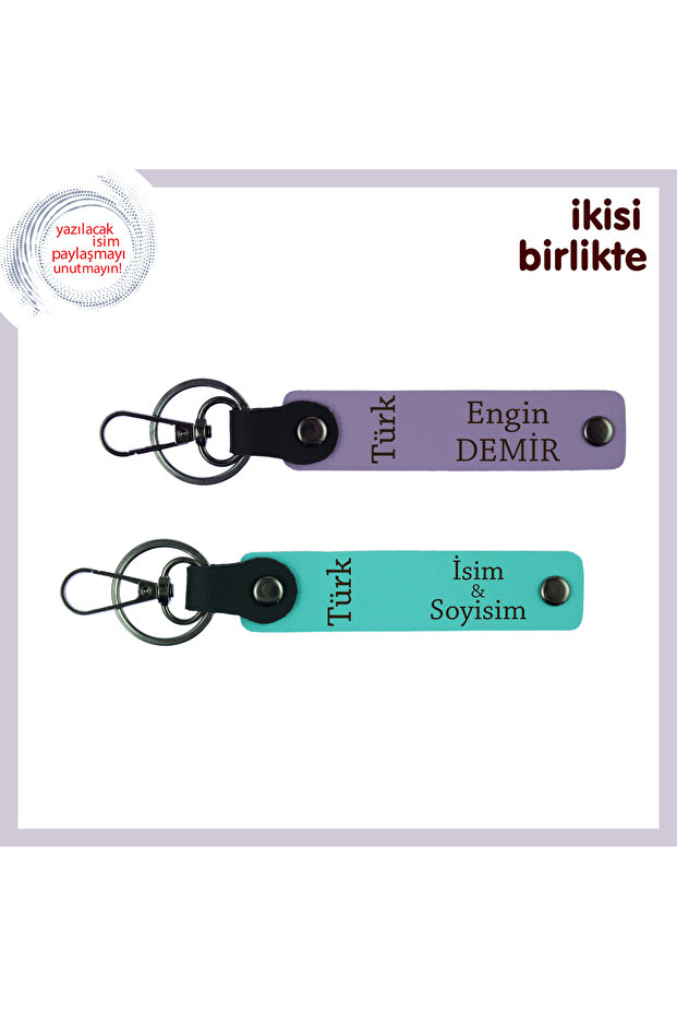 Name Writable Homeland Themed Gift, Purple Violet-Turquoise, Turkish Written Leather Keychain