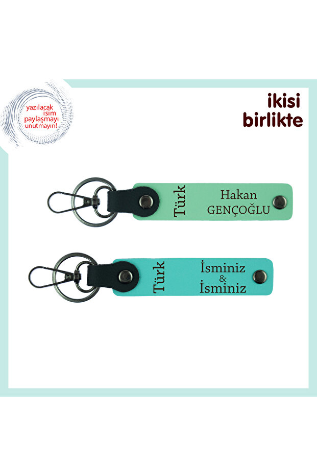 2-Piece Keychain with Turkish Text Theme Name Written for Wedding Anniversary, Light Green-Turquoise