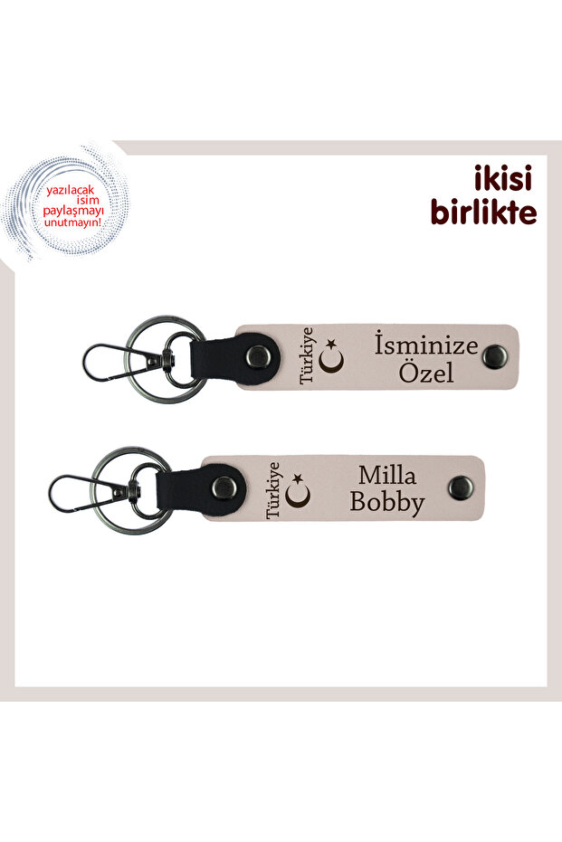 Name Writable Crescent and Turkey Keychain – Heartfelt Gift on Anniversary, Powder-Powder