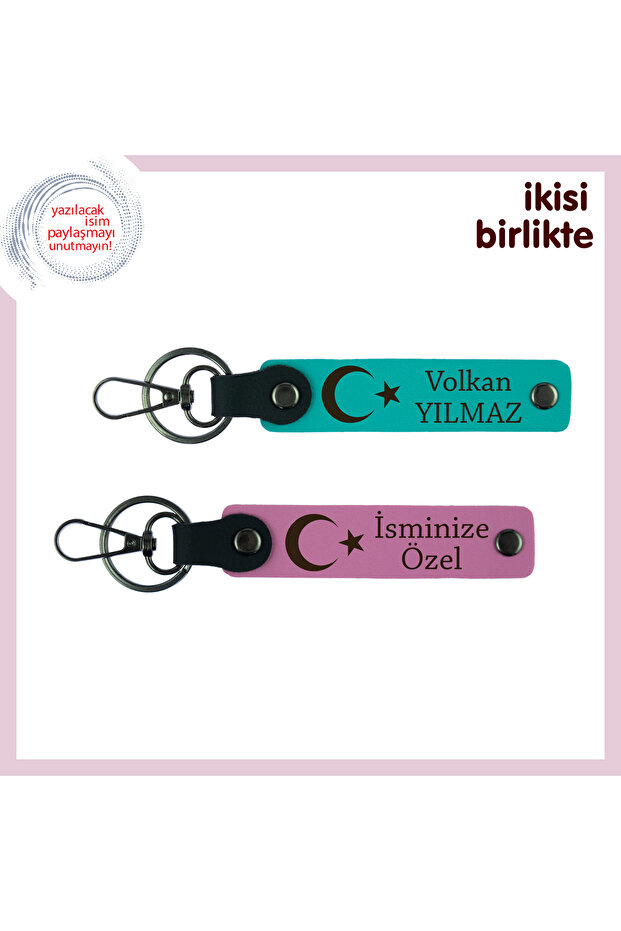 Set, Dark Turquoise-Pink, Romantic Gift with National Motif for Girlfriend – Moon Star Keychain