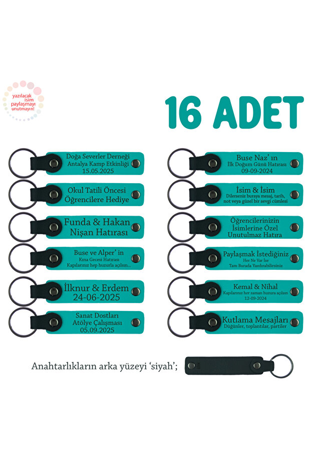 Souvenir for Precious Teachers, Set of 16, Leather Keychain with Name, K Turquoise & Black
