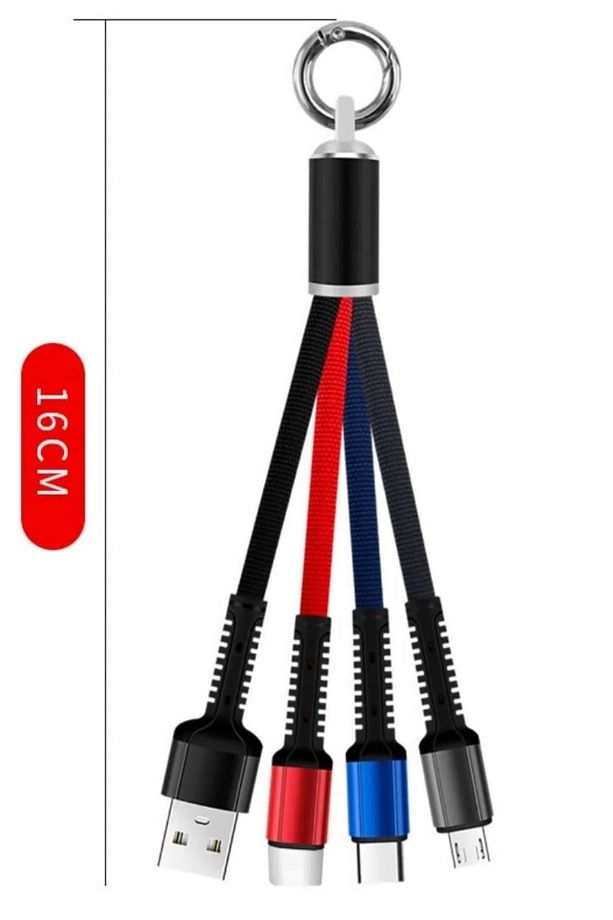 3 in 1 Işıklı Anahtarlık Şarj Kablosu | USB Çıkışlı | Micro Type-C Lightning Uyumlu | Taşınabilir - 4