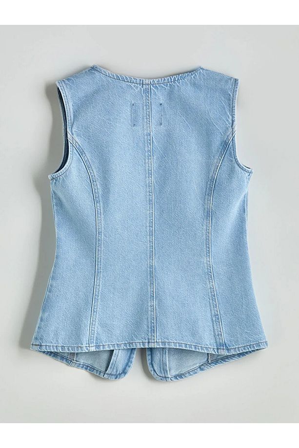 LCW Vision Indigo Bisiklet Yaka Kadın Jean Yelek - 2