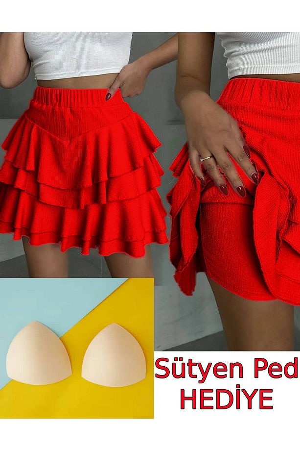 Şortlu Etek Fırfır Etek Şortlu Mini Etek Şort Etek Yüksek Bel Etek Likralı Etek Hediyeli Ürün - 1