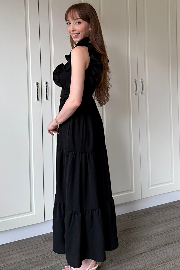 Siyah Kol Fırfırlı Yırtmaçlı Uzun Elbise - 7