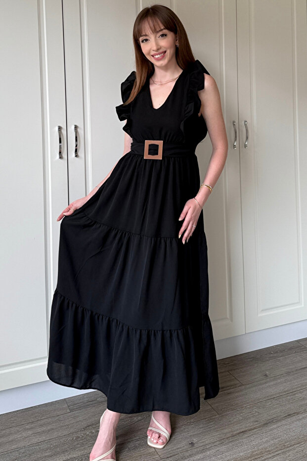 Siyah Kol Fırfırlı Yırtmaçlı Uzun Elbise - 8