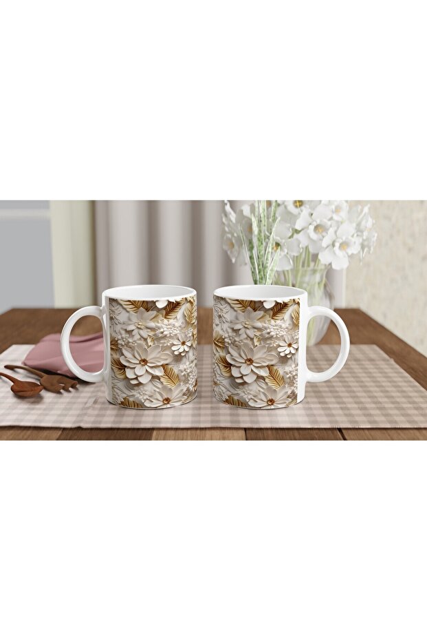Cream Gold Leaf Patterned Relief Mug - 5
