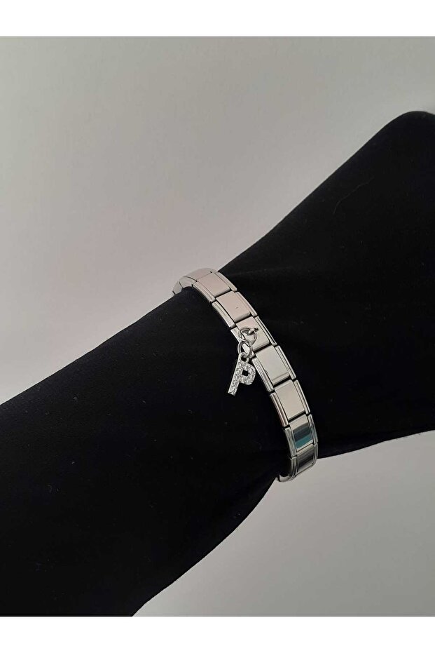 Steel P Letter Zircon Stone Italian Charm Bracelet