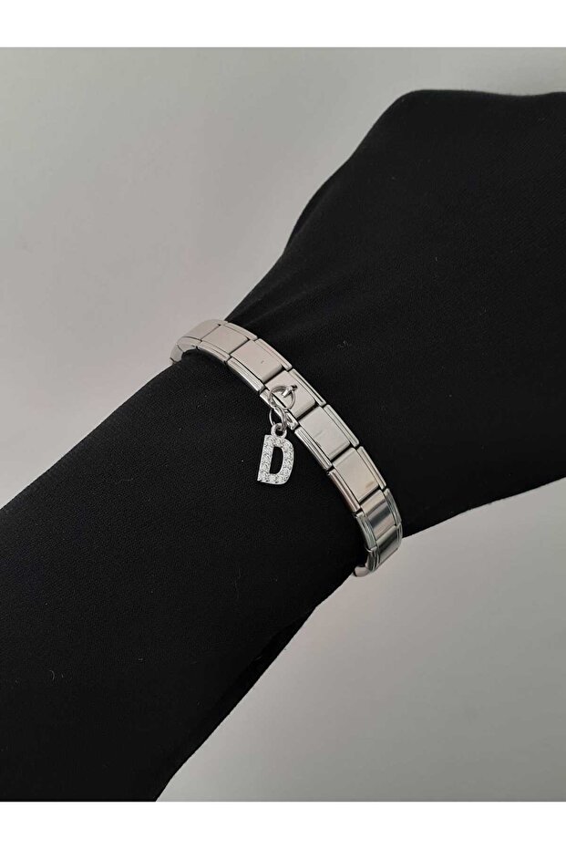 Steel D Letter Zircon Stone Italian Charm Bracelet