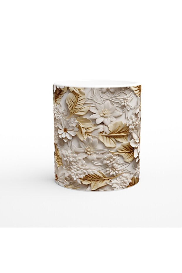 Cream Gold Leaf Patterned Relief Mug - 2