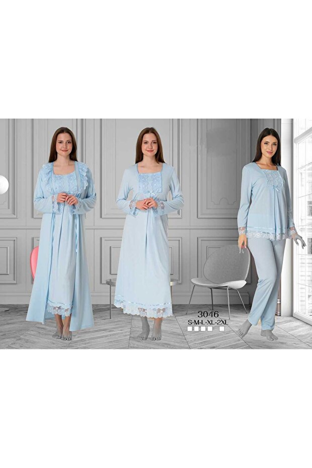 Blue Special Design Lace Long Sleeve Cotton Maternity Maternity Dressing Gown, Pajama Set Nightgown Set of 4