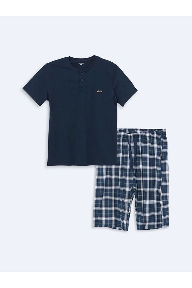 Lacivert Standart Kalıp Bisiklet Yaka %100 Pamuk Kısa Kollu Erkek Şortlu Pijama Takımı - 7