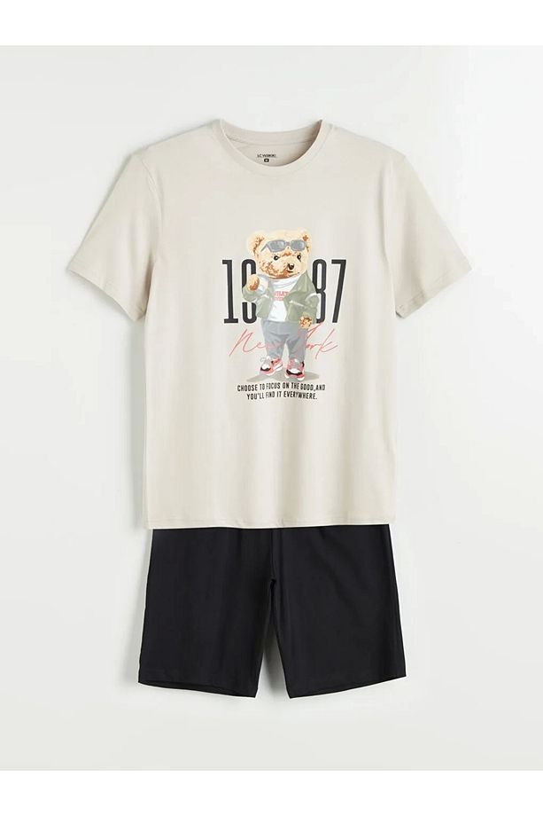 Gri Standart Kalıp Ayı Teddy Baskılı %100 Pamuk Erkek Şortlu Pijama Takımı - 5