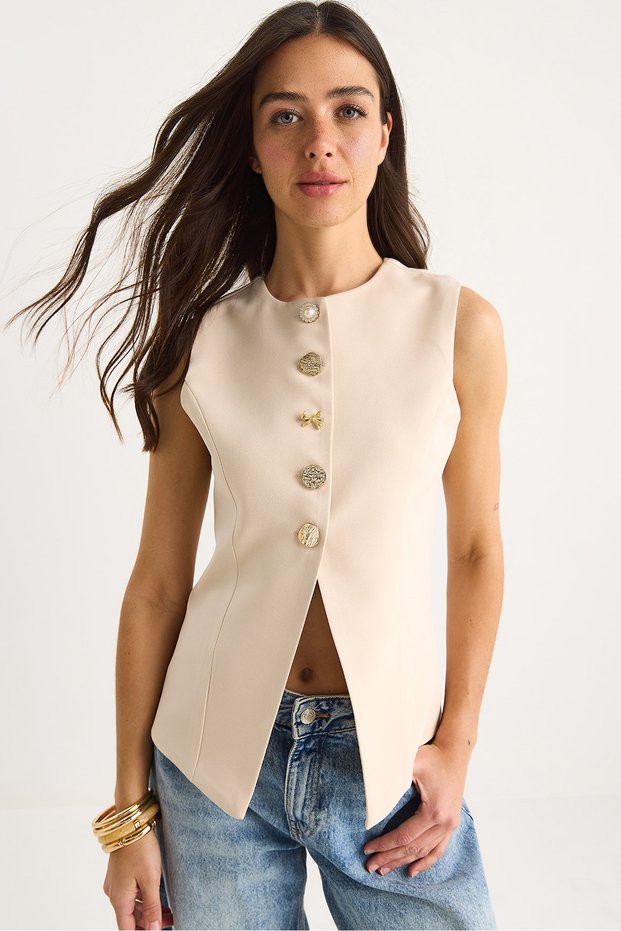 Women's Beige Regular Bisilet Collar Gold Button Detailed Lined Woven Vest 9005 60283150