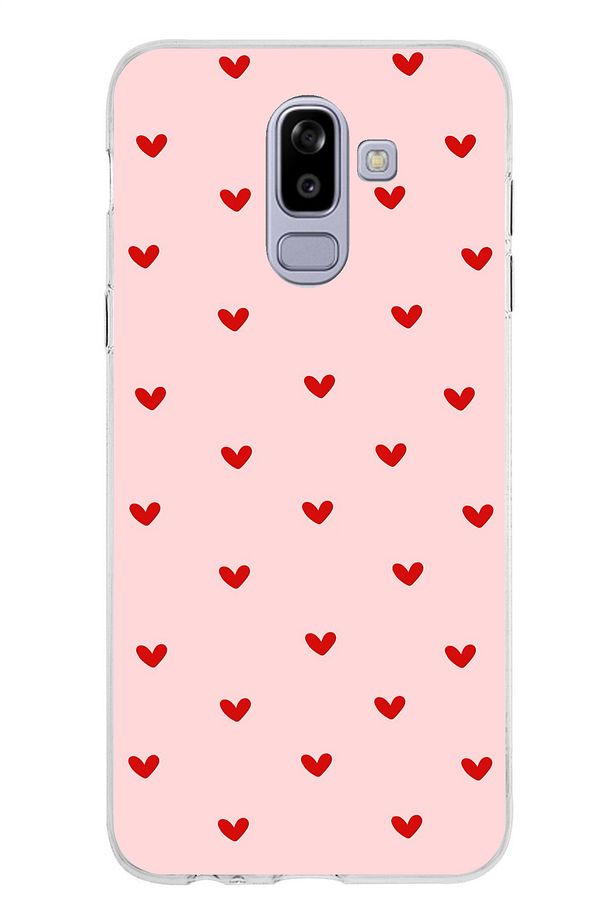 Samsung Galaxy J8 - A6 PLUS Uyumlu Kırmızı Minik Kalpler Şeffaf Silikon Kılıf - 1