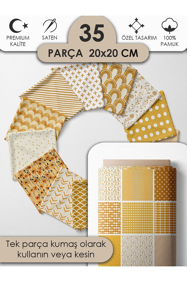 Patchwork Kumaş Seti – 35 Adet 20x20cm, %100 Pamuk, Sarı Renkli Geometrik ve Çiçekli Desenler - 1