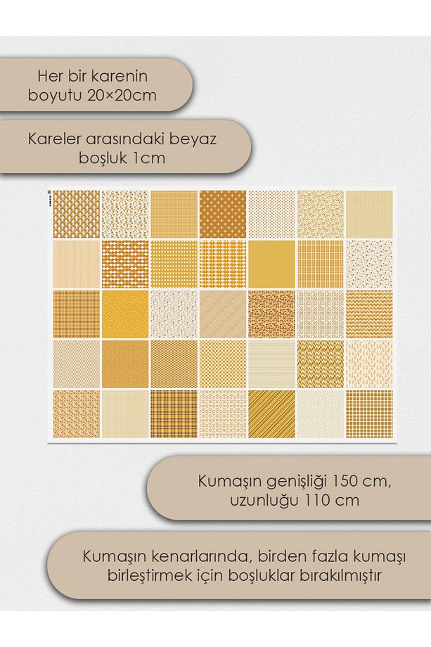 Patchwork Kumaş Seti – 35 Adet 20x20cm, %100 Pamuk, Sarı Renkli Geometrik ve Çiçekli Desenler - 4