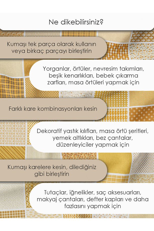 Patchwork Kumaş Seti – 35 Adet 20x20cm, %100 Pamuk, Sarı Renkli Geometrik ve Çiçekli Desenler - 5