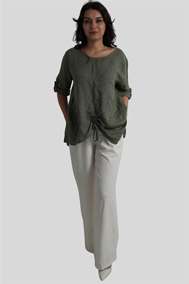 Olive Branches Gathered Detailed Linen Blouse