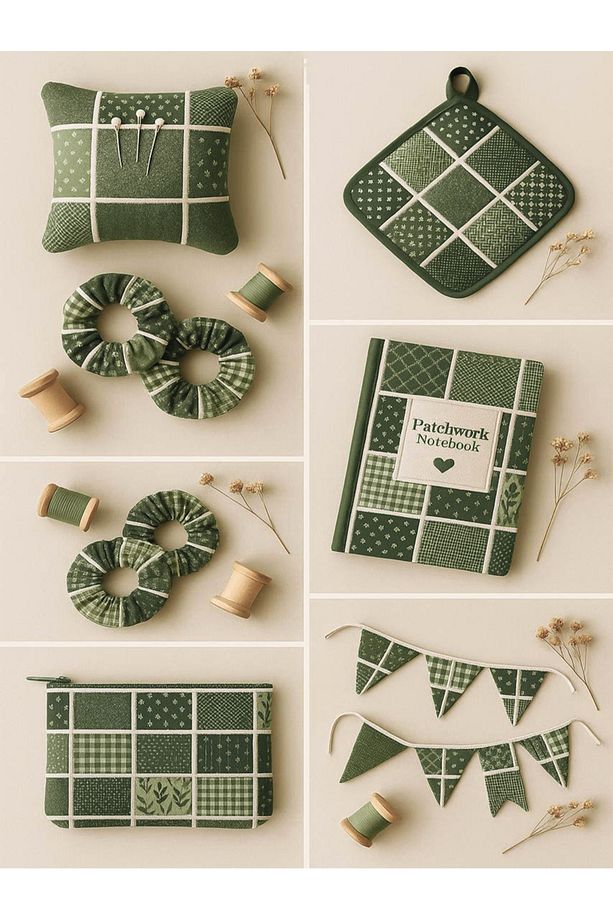 Patchwork Kumaş Seti – 35 Adet 20x20cm, %100 Pamuk, Yeşil Geometrik ve Yapraklı Desenler - 7