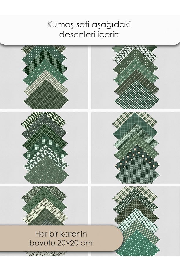 Patchwork Kumaş Seti – 35 Adet 20x20cm, %100 Pamuk, Yeşil Geometrik ve Yapraklı Desenler - 6