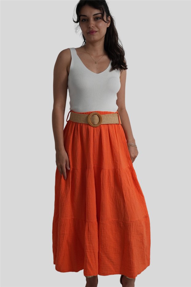 Orange Color Muslin Belted Skirt