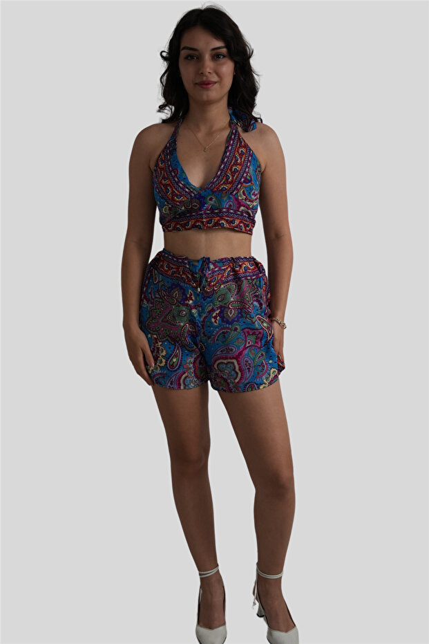 Blue Floral Patterned Silk Shorts Crop Set