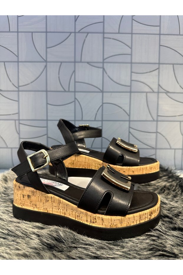 Castle 35182 Black H Buckle Detail Cork Filled Heel Laced Daily Orthopedic Sandals Shoes