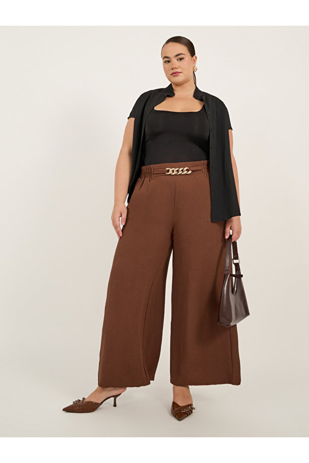 Plus Size Textured Wide Leg Trousers with Chain Buckle Detail