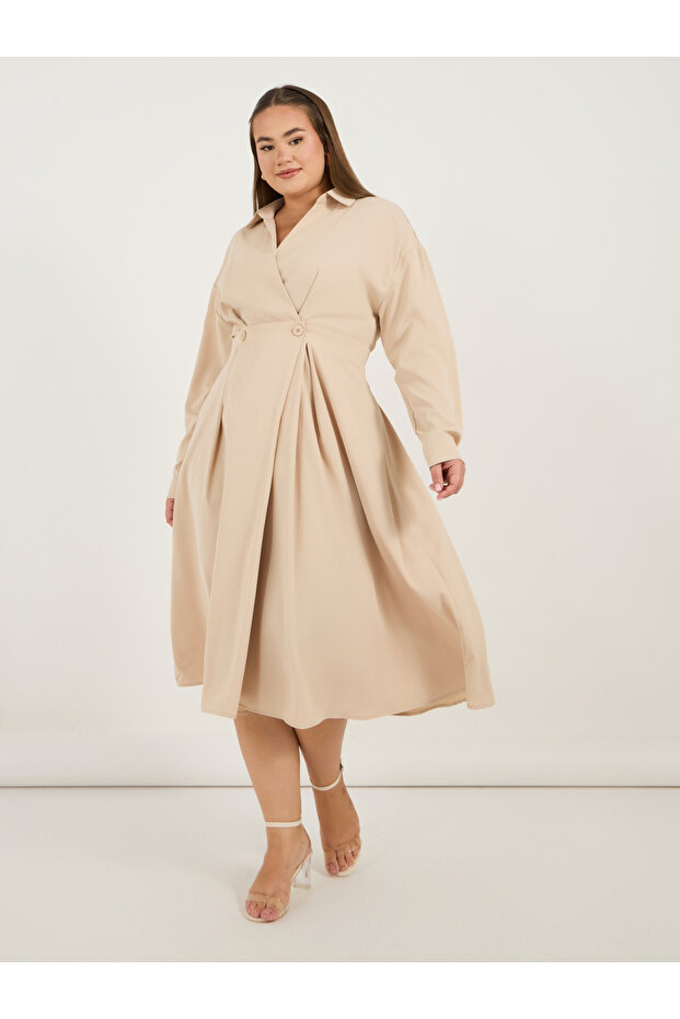 Plus Size Wrap Front A-Line Shirt Midi Dress