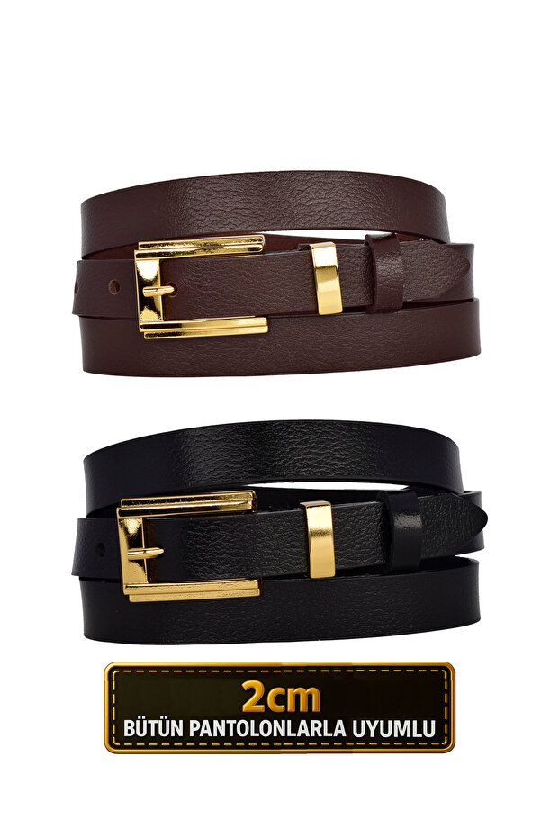 100% Genuine Leather Set of 2 Gold Color Set Buckle 2cm Women's Belt Dark Brown, Black_ Big_Gold