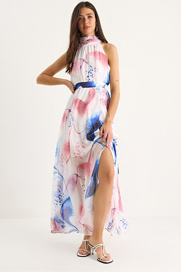 Women's Pink Blue Halter Neck Patterned Slit Detailed Lined Chiffon Dress 60283417