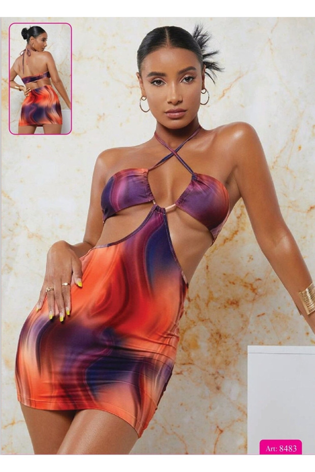 Mini rochie multicoloră cu gât - 1