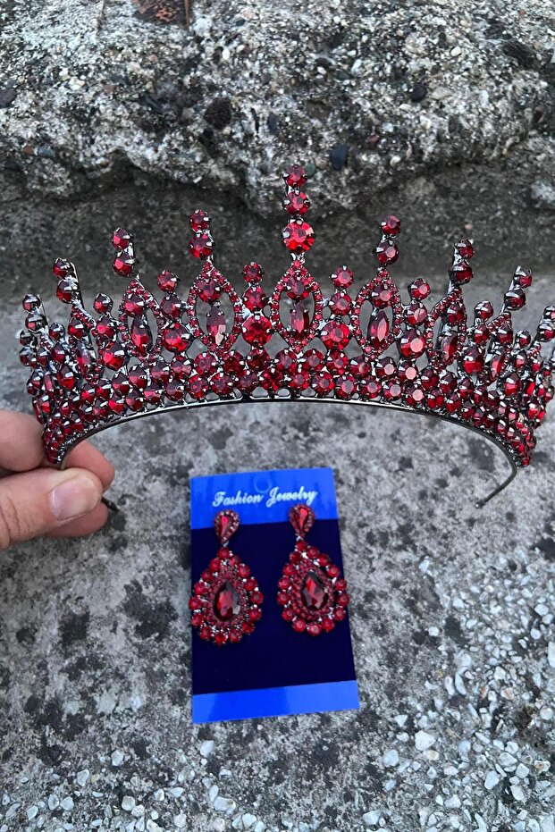 Abrienda Burgundy Bridal Henna Crown Special Occasion Accessory Women's Crown and Drop Shuttle Earring Set