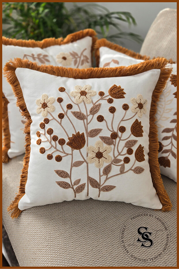 SasoHome Beauty Flowers Punch Nakış Desenli Keten Kırlent Kılıfı