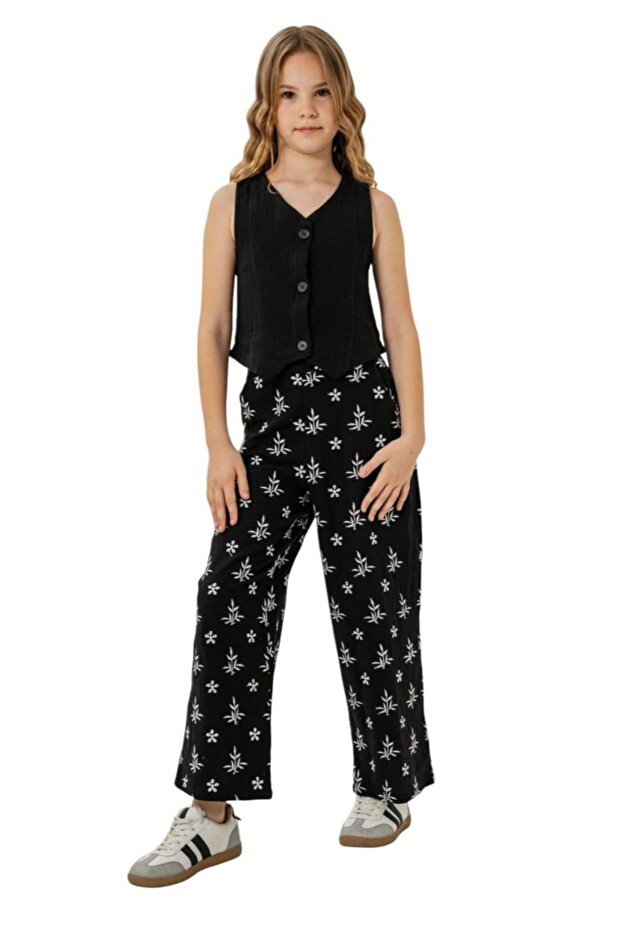 Mini Girl's Floral Print Pants Suit with Button Crop Vest - Black