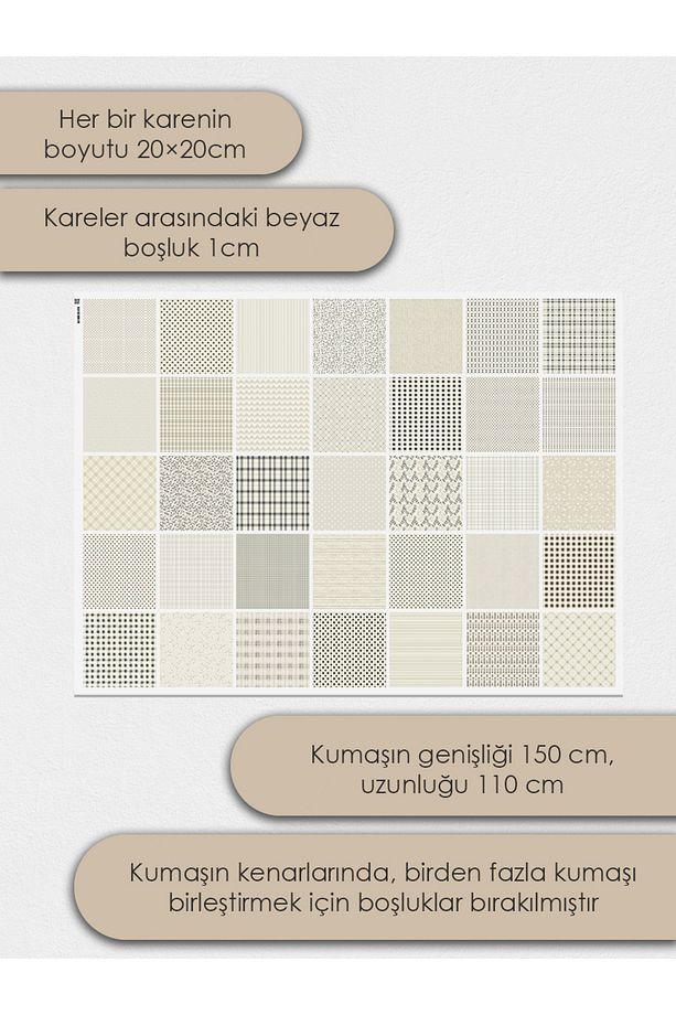 Patchwork Saten Kumaş Seti – 35 Adet, %100 Pamuk, Bej Renkli, İskandinav Tarzı Desenler - 4