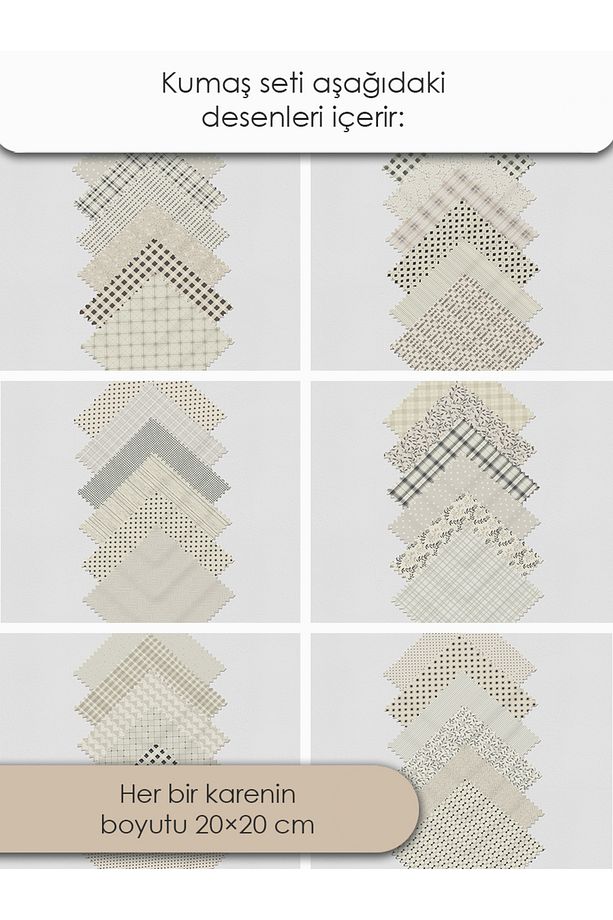 Patchwork Saten Kumaş Seti – 35 Adet, %100 Pamuk, Bej Renkli, İskandinav Tarzı Desenler - 6