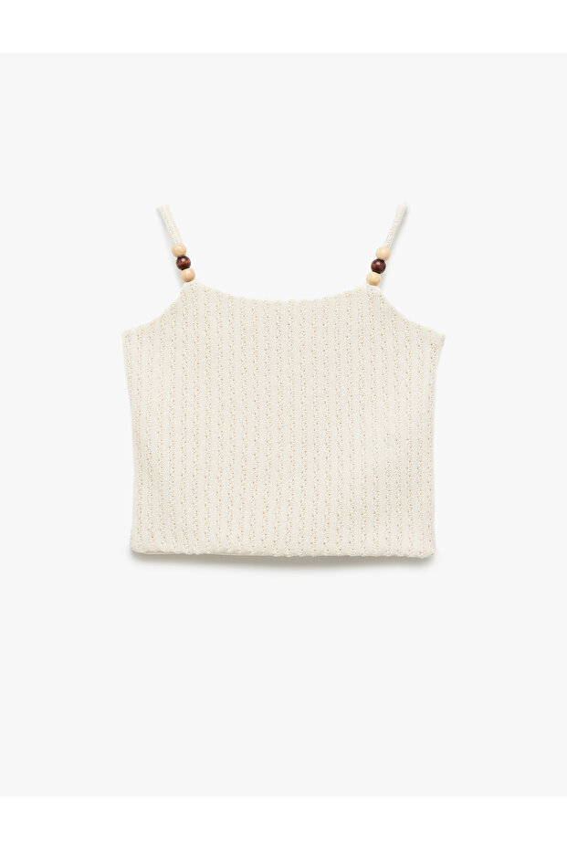 Beaded Detailed Thin Strap Sleeveless Textured Crop Tank Top