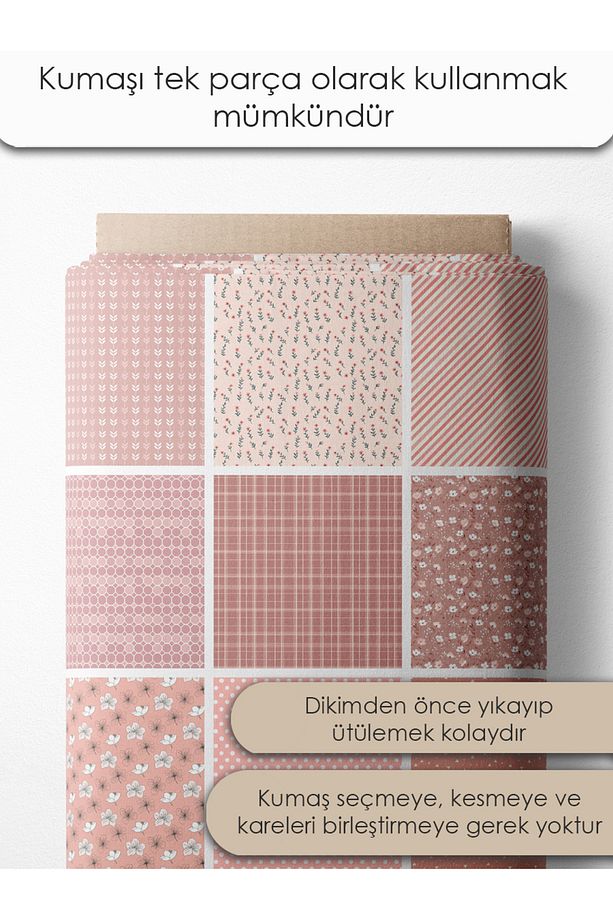 Patchwork Saten Kumaş Seti – 35 Adet, %100 Pamuk, Pudra Pembe Çiçekli ve Zarif Desenler - 3