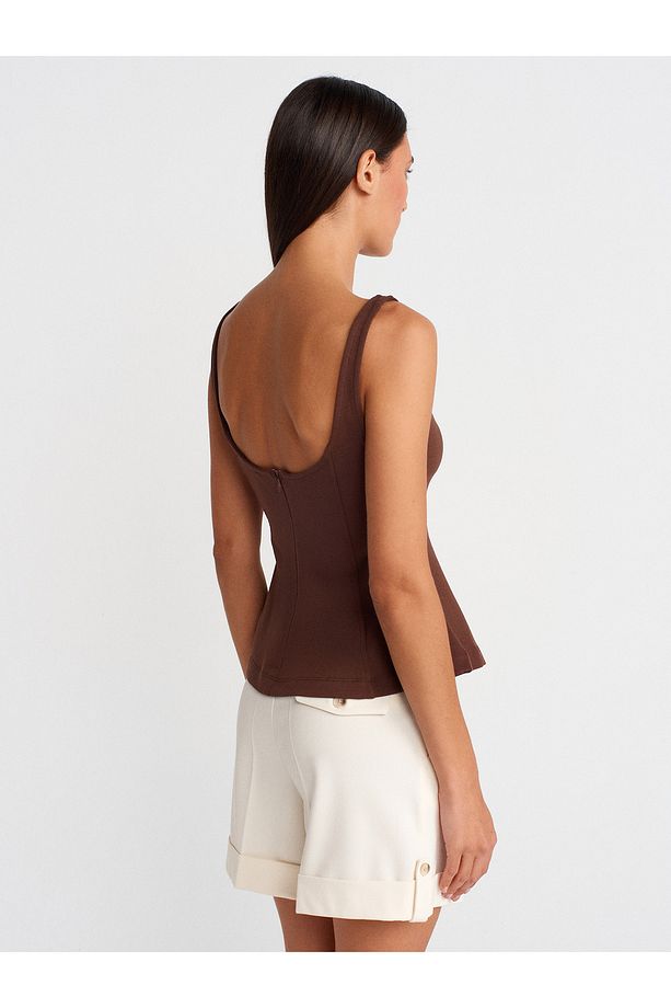 21063 Kalın Askılı Peplum Top-Açık Kahve - 2