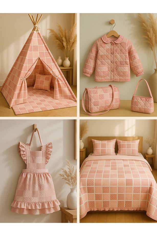 Patchwork Saten Kumaş Seti – 35 Adet, %100 Pamuk, Pudra Pembe Çiçekli ve Zarif Desenler - 8